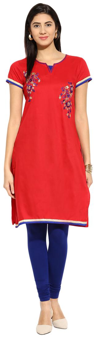 

Mytri Red Embroidered Polycotton Short Sleeves Kurta