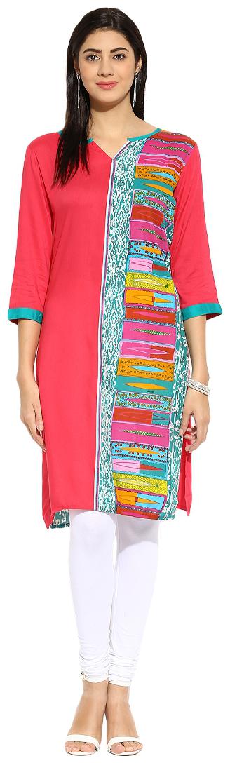 

Mytri Red Printed Rayon 3 4th Sleeves Sweetheart Neck Kurta