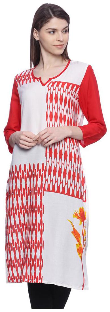 

Mytri Women Off White Red Printed Rayon 3 4th Sleeves Kurta