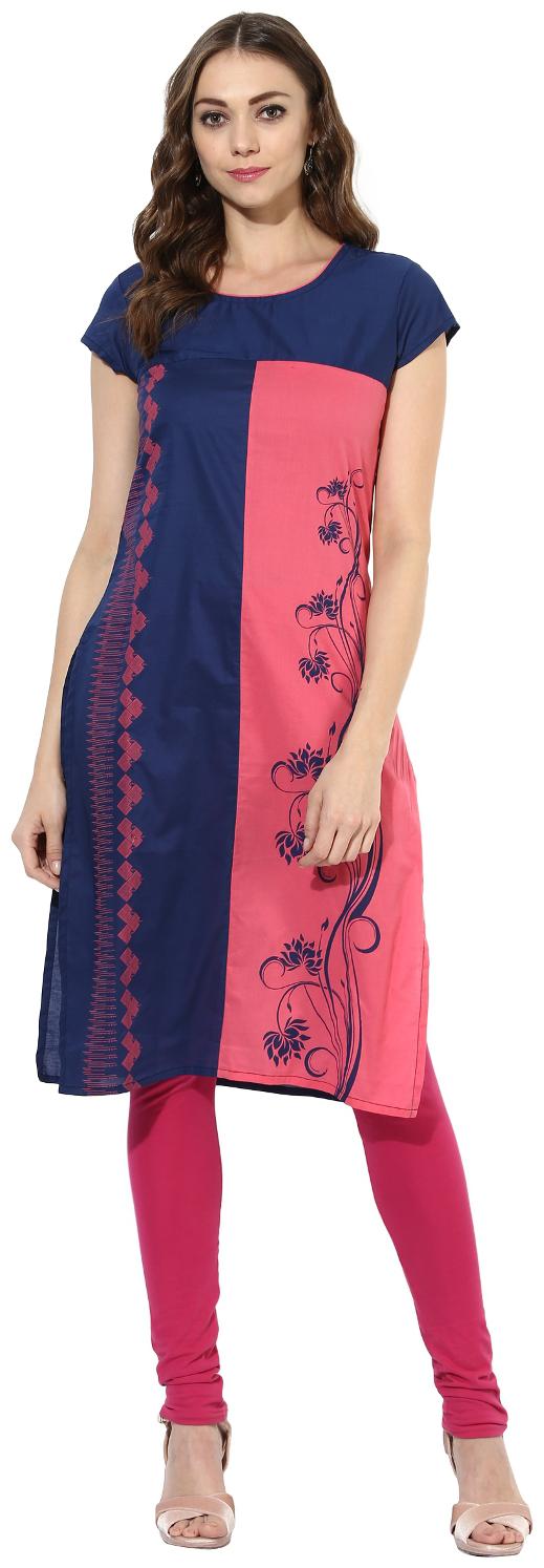 

MYTRI Women s Navy Pink Cambric Printed Straight Kurta