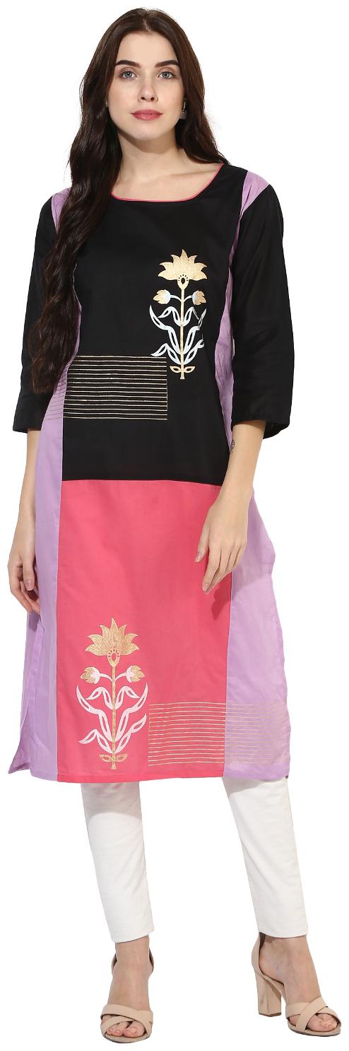 

Mytri Women s Black Pink Cambric Printed Straight Kurta