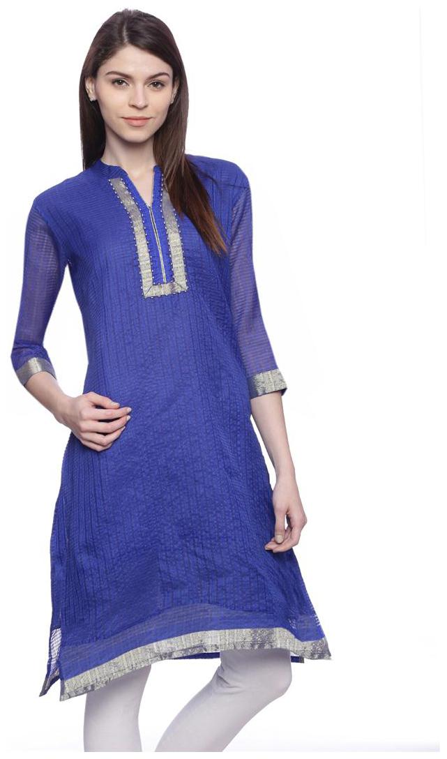 

Mytri Women Royal Blue Embroidered Chanderi 3 4th Sleeves Kurta