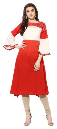 

Mytri Women s Red White Cambric Tie Dye printed A-Line Kurta