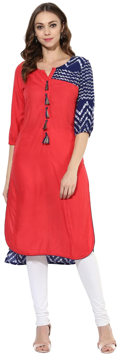 

MYTRI Women s Pink Navy Rayon Printed A-Line Kurta
