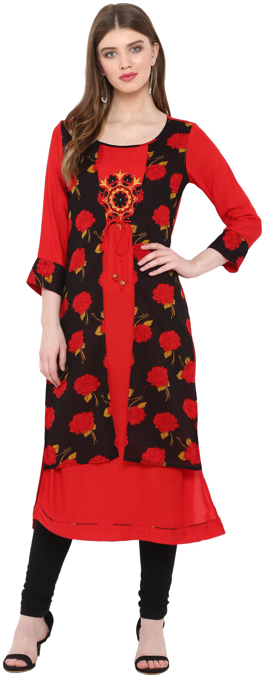 

MYTRI Women Red Printed Straight Kurta