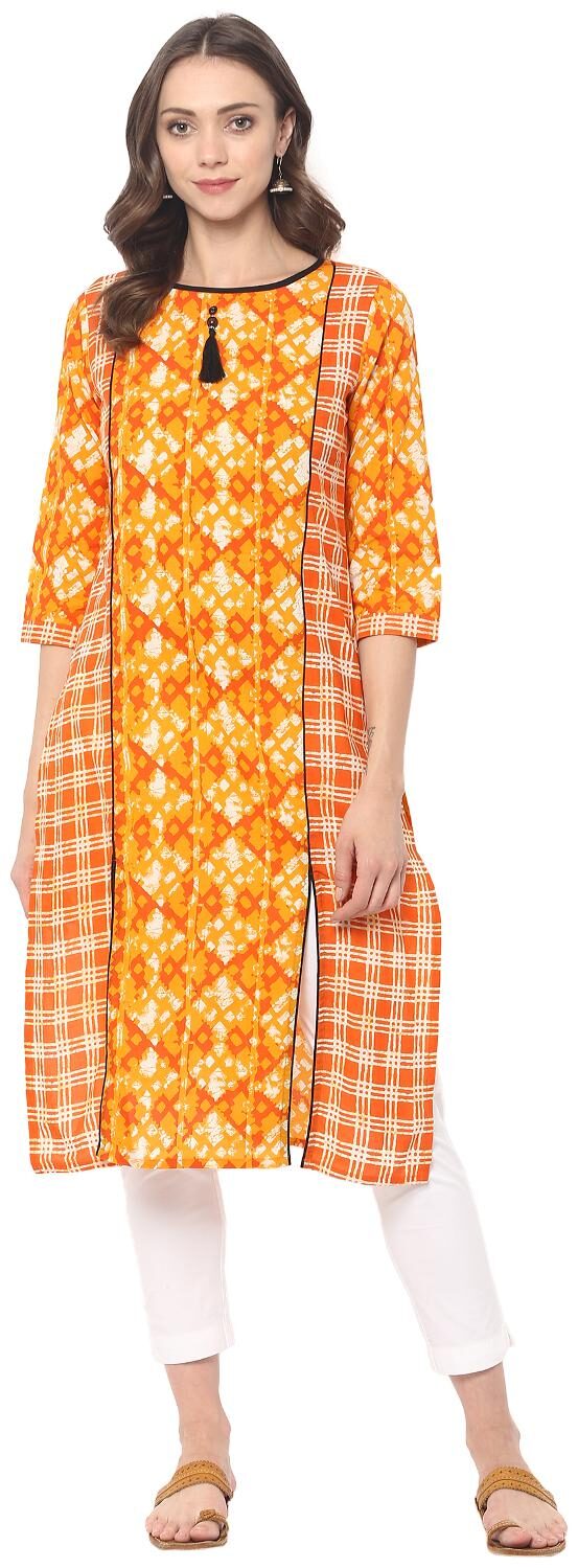 

MYTRI Women Orange Printed Straight Kurta