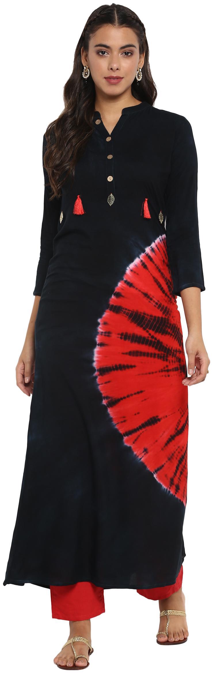 

Mytri Women S Black Viscose Tie N Dye A-Line Kurta