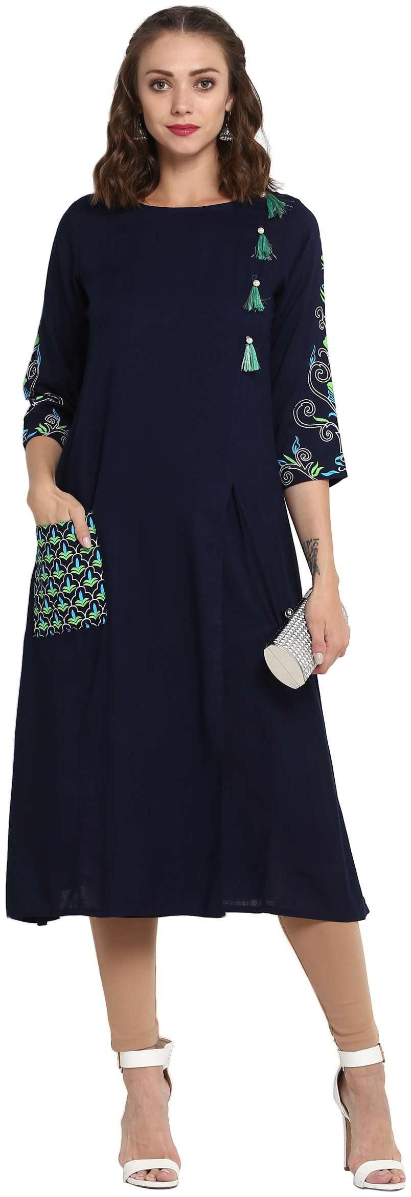

Mytri Women Blue Cotton A Line Kurtis
