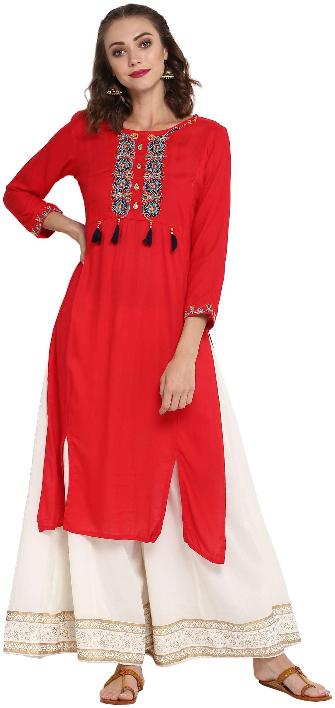 

MYTRI Women Red Embroidered Straight Kurta