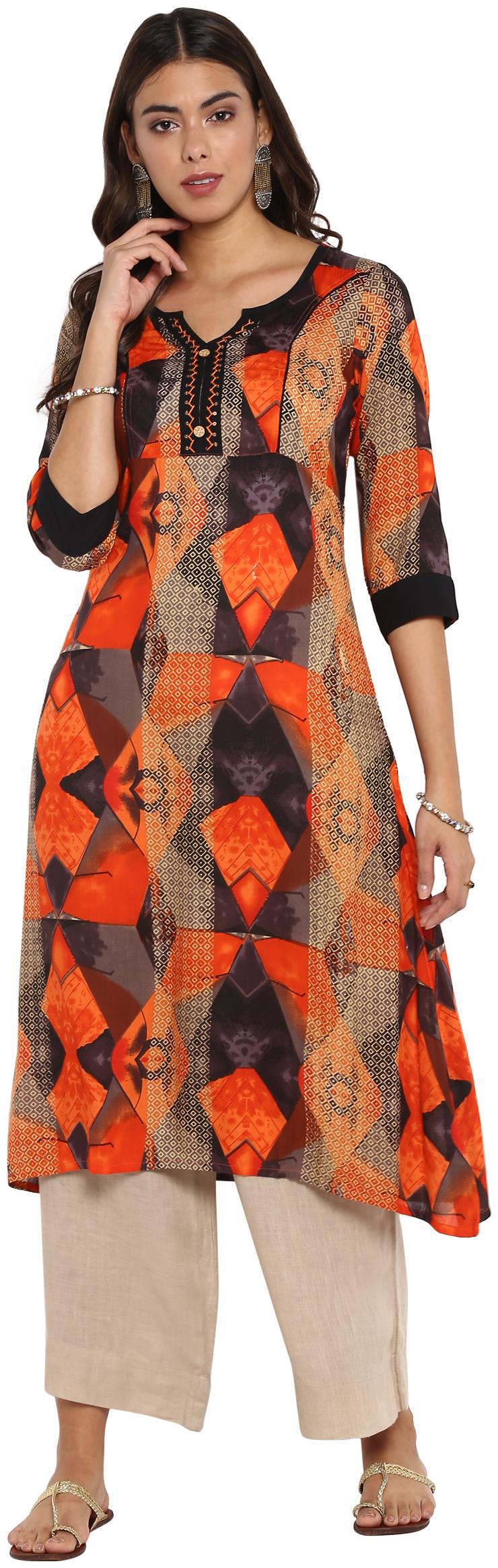

Mytri Women S Orange Viscose Print A-Line Kurta