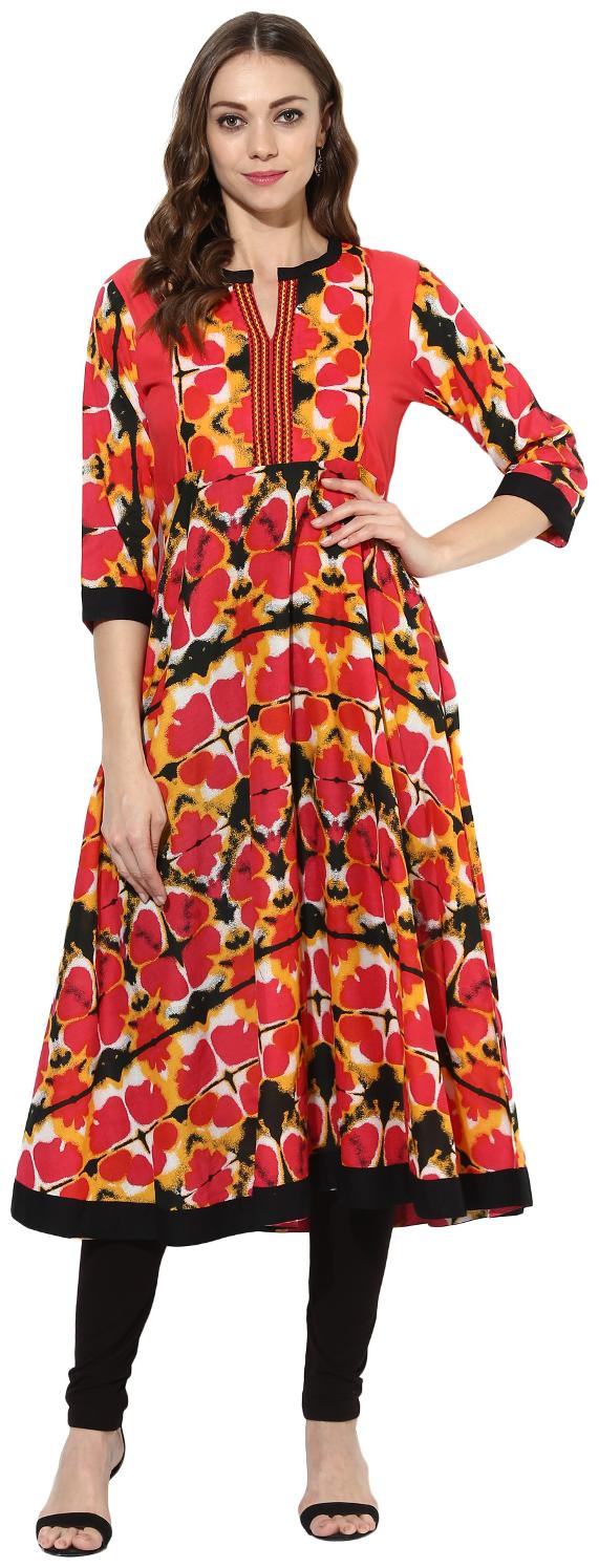

MYTRI Women s Pink Black Cambric Printed Anarkali Kurta