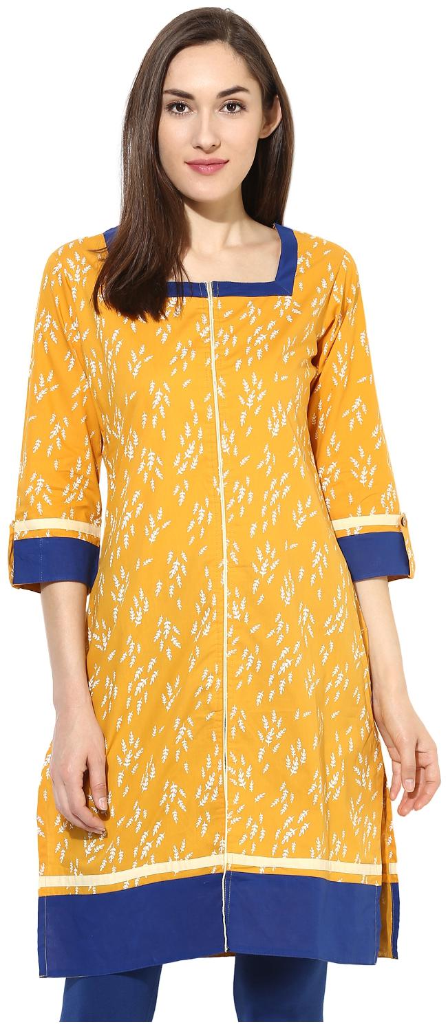 

MYTRI Women Yellow Printed Straight Kurti