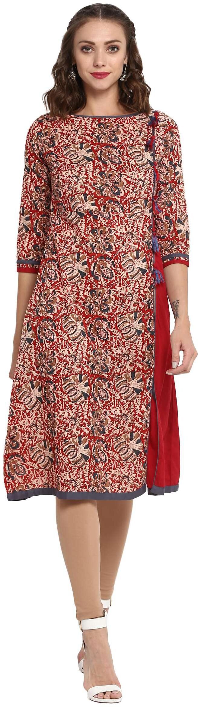 

Mytri Women Red Cotton A Line Kurtis