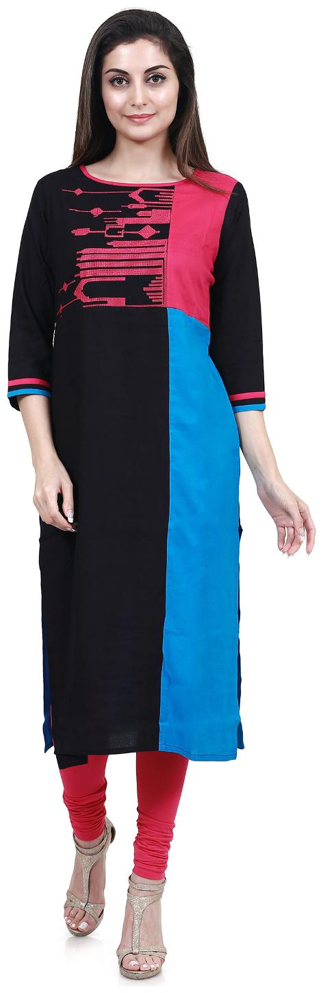 

Mytri Women s Black Turquoise Rayon Embroidered Straight Kurta