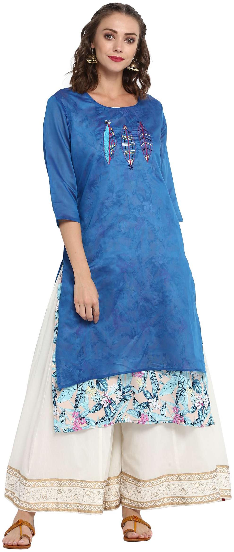 

MYTRI Women Blue Printed Straight Kurta