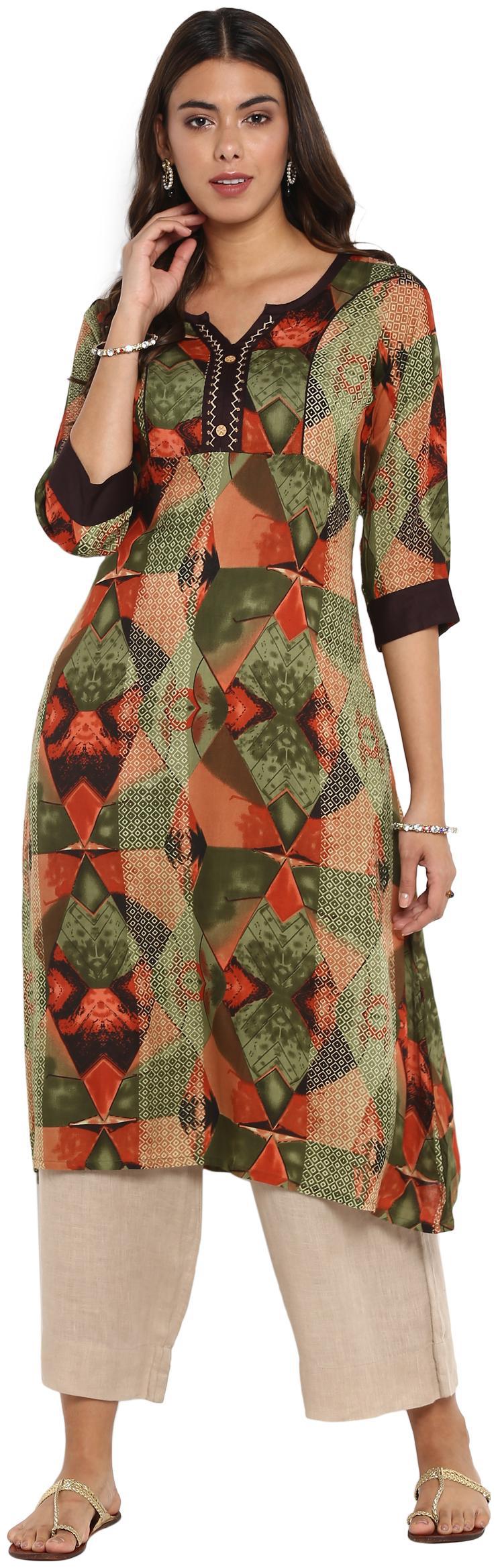 

Mytri Women S Green Viscose Print A-Line Kurta