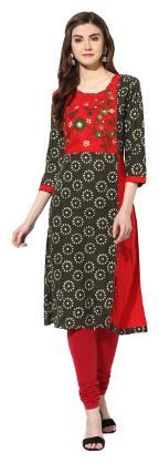 

Mytri Women s Green Red Cambric Embroidered A-Line Kurta