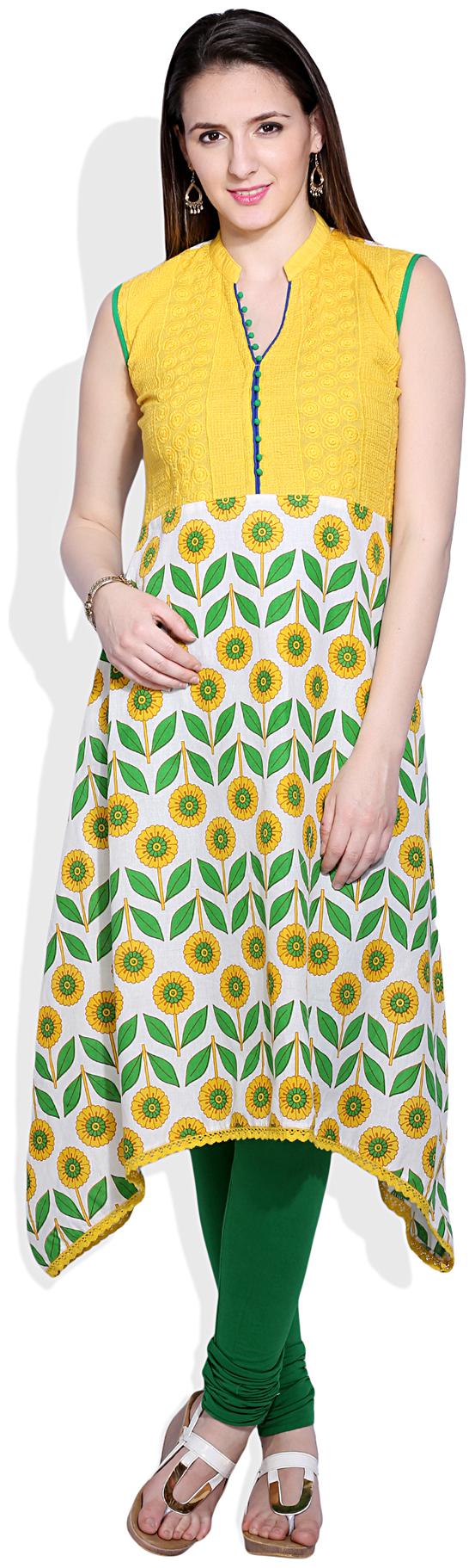 

Mytri Yellow Cotton A-Line Embroidered Long Kurta