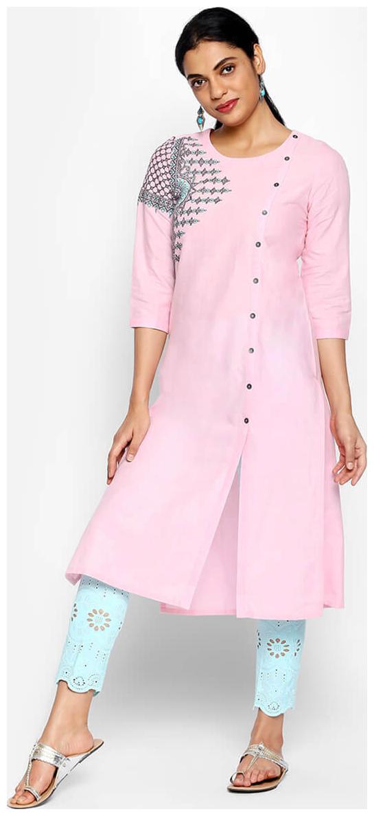 

NAARI 3 4 Sleeve Pink Cotton Slub Embroidered Kurti For Women s