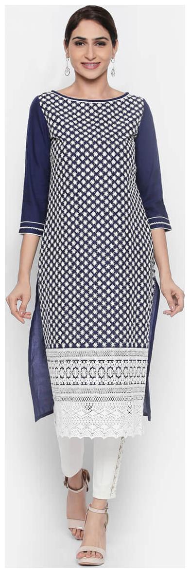 

NAARI 3 4 Sleeve Blue Cambric Embroidered Kurti For Women s