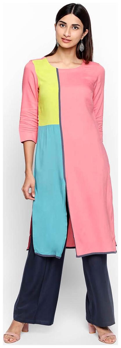 

NAARI 3 4 Sleeve Pink Rayon Solid Kurti For Women s