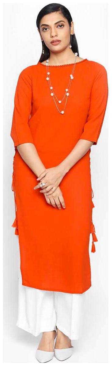 

NAARI 3 4 Sleeve Orange Russian Moss Crepe Solid Kurti For Women s