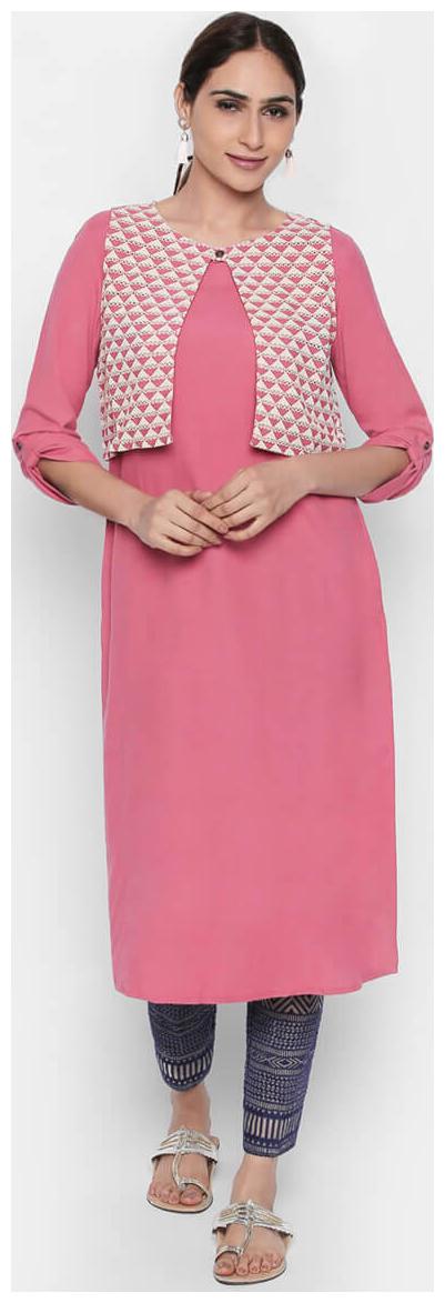 

NAARI 3 4 Sleeve Pink Linolio Embroidered Kurti For Women s