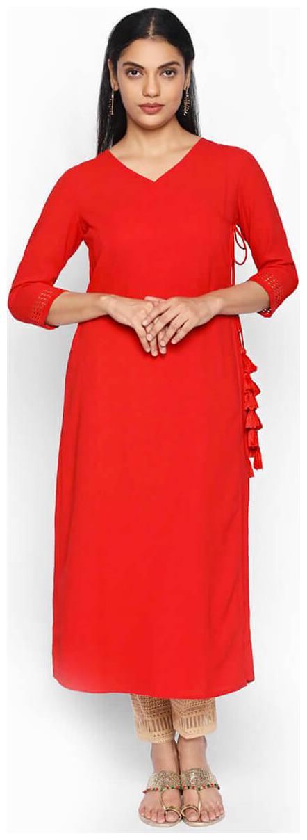 

NAARI 3 4 Sleeve Red Russian Moss Crepe Solid Kurti For Women s