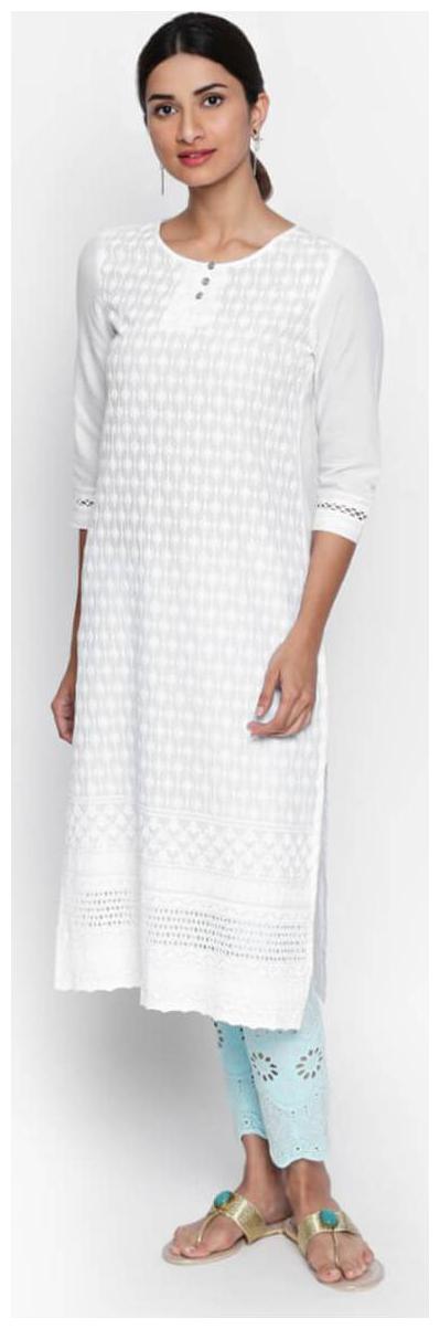 

NAARI 3 4 Sleeve White Cambric Embroidered Kurti For Women s