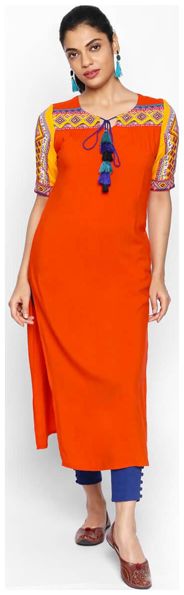 

NAARI 3 4 Sleeve Orange Rayon Embroidered Kurti For Women s
