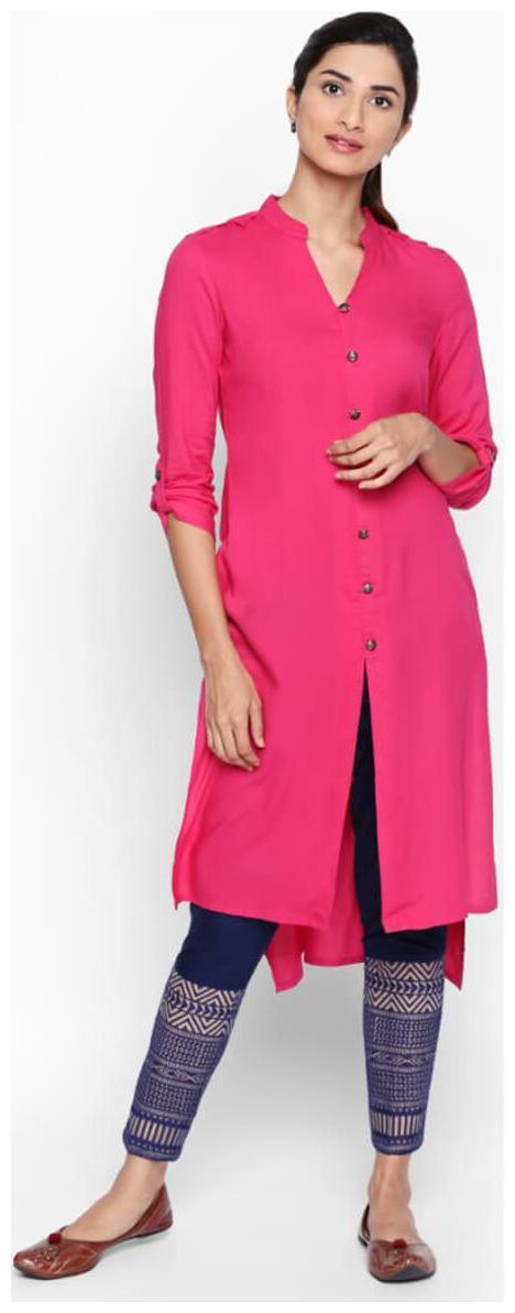 

NAARI 3 4 Sleeve Pink Rayon Solid Kurti For Women s
