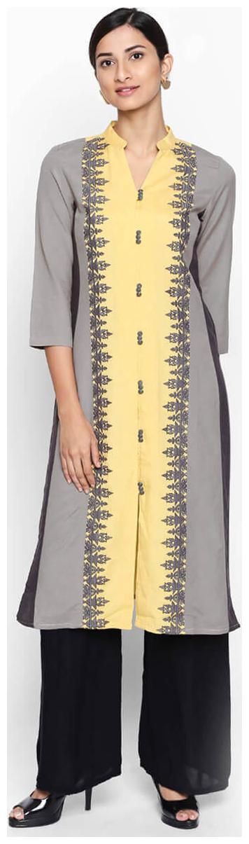 

NAARI 3 4 Sleeve Yellow Linolio Embroidered Kurti For Women s