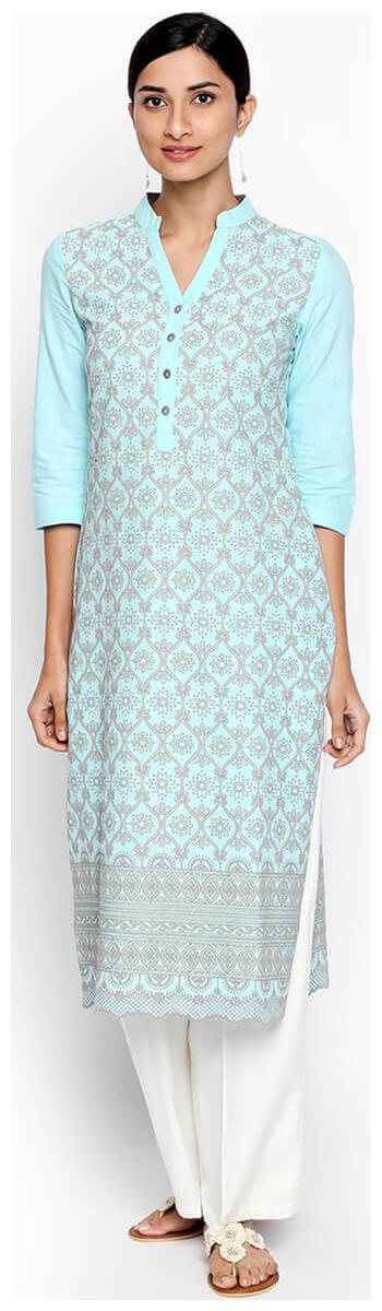 

NAARI 3 4 Sleeve Aqua Cotton Slub Embroidered Kurti For Women s