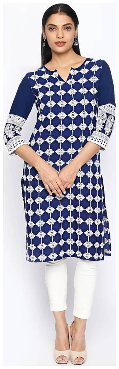 

NAARI 3 4 Sleeve Blue Rayon Embroidered Kurti For Women s