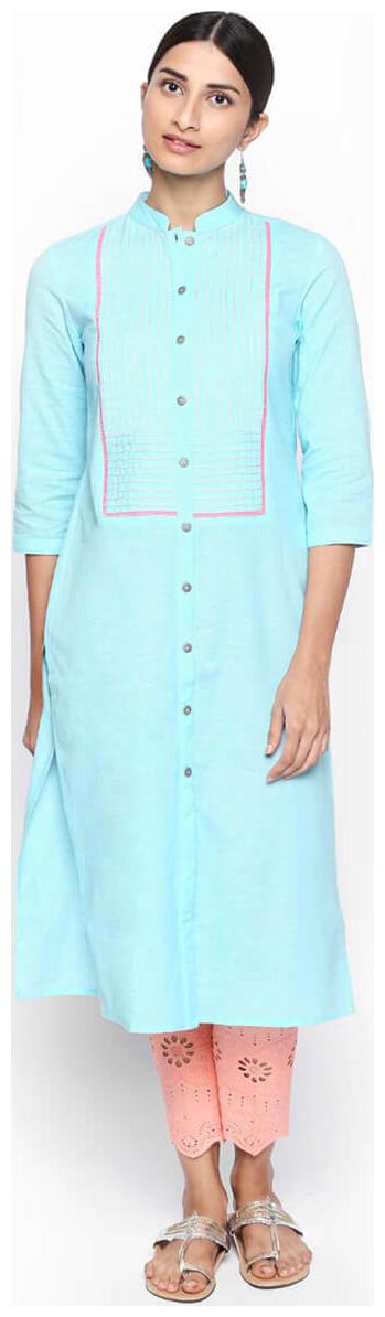 

NAARI 3 4 Sleeve Aqua Cotton Slub Solid Kurti For Women s