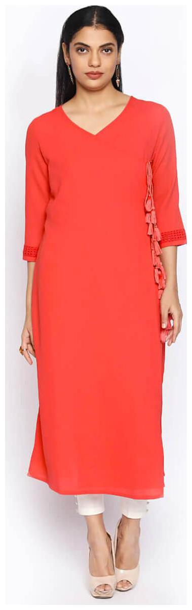 

NAARI 3 4 Sleeve Coral Russian Moss Crepe Solid Kurti For Women s