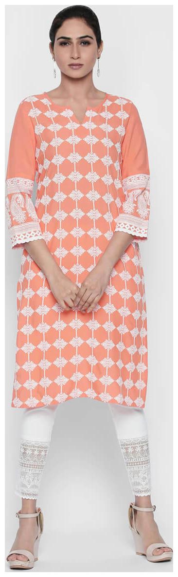 

NAARI 3 4 Sleeve Orange Rayon Embroidered Kurti For Women s