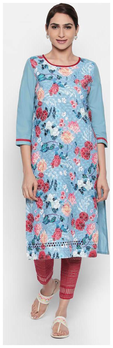 

NAARI 3 4 Sleeve Grey Cotton Cambric Printed Kurti For Women s