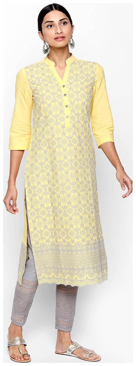 

NAARI 3 4 Sleeve Yellow Cotton Slub Embroidered Kurti For Women s