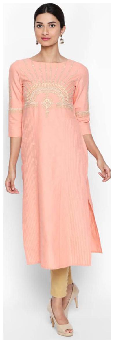 

NAARI 3 4 Sleeve Peach Cotton Satin Embroidered Kurti For Women s