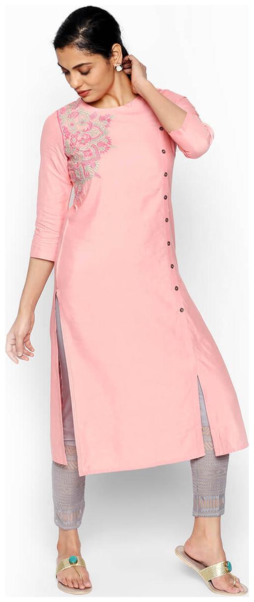 

NAARI 3 4 Sleeve Peach Linolio Embroidered Kurti For Women s