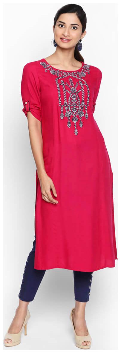 

NAARI 3 4 Sleeve Pink Rayon Moss Embroidered Kurti For Women s