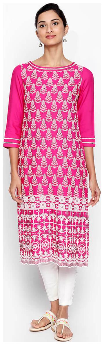 

NAARI 3 4 Sleeve Pink Rayon Embroidered Kurti For Women s