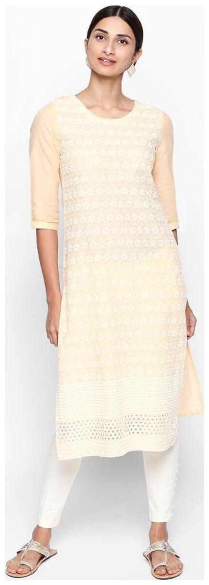 

NAARI 3 4 Sleeve Beige Cambric Embroidered Kurti For Women s