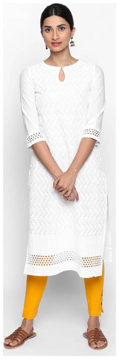 

NAARI 3 4 Sleeve White Cambric Embroidered Kurti For Women s