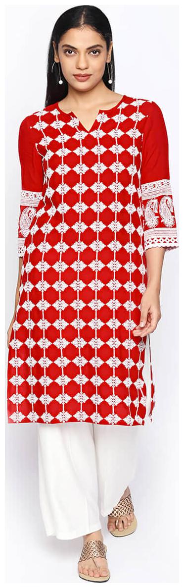 

NAARI 3 4 Sleeve Red Rayon Embroidered Kurti For Women s