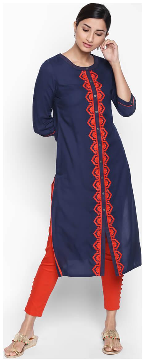 

NAARI 3 4 Sleeve Blue Rayon Embroidered Kurti For Women s