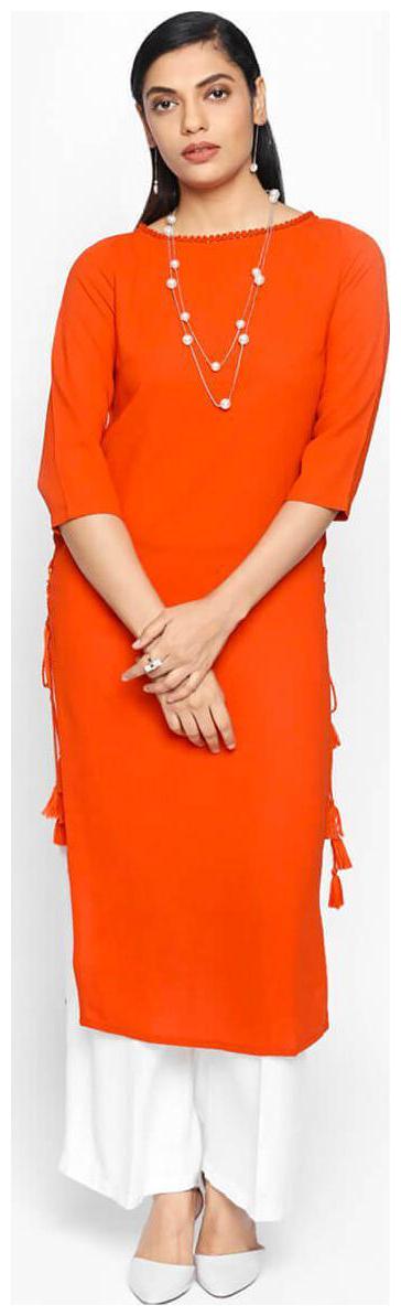 

NAARI 3 4 Sleeve Orange Russian Moss Crepe Solid Kurti For Women s