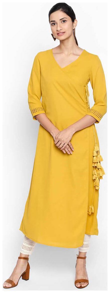 

NAARI 3 4 Sleeve Mustard Russian Moss Crepe Embroidered Kurti For Women s