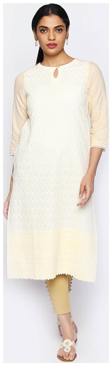 

NAARI 3 4 Sleeve Beige Cambric Embroidered Kurti For Women s